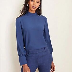 NWT Ann Taylor Shoulder Button Mock Neck Blouse Size S Harbor Navy